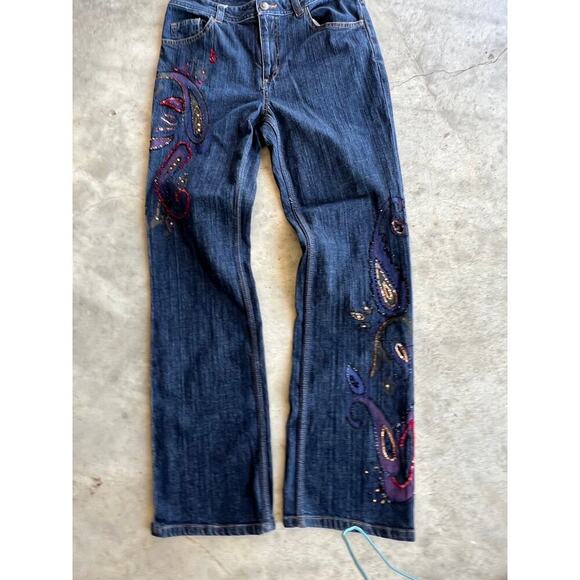 Chico's 1  (S-8) woman's denim jeans with painting and sequin embellishments. - Picture 2 of 9